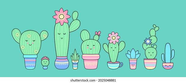 Vector cartoon set of cute Cacti. Design for cards, clothes and other