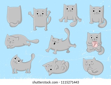 Vector cartoon set of cute cats. Collection of stickers. Perfect for postcard, poster, Valentine's day, anniversary, birthday, baby book, children room. 