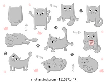 Vector cartoon set of cute cats. Collection of stickers. Perfect for postcard, poster, Valentine's day, anniversary, birthday, baby book, children room. 