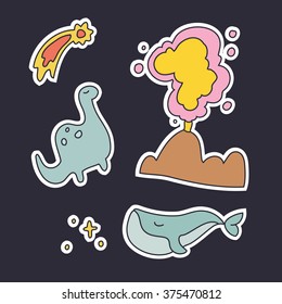 Vector cartoon set of cute children stickers, isolated on the dark background