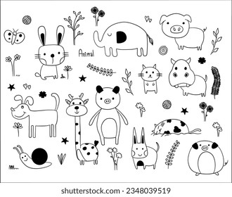 Vector cartoon set of cute doodle animals. Perfect for postcard, baby book, children room. Pig, dog, cat, elephant, rabbit, giraffe , snail and hippo.