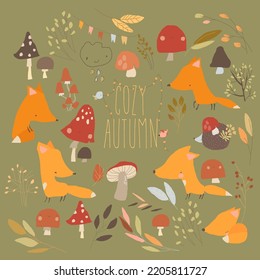 Vector Cartoon Set with Cute Foxes, Mushrooms and Colorful Autumnal Leaves