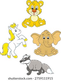 Vector cartoon set of a cute lion cub, a little unicorn, funny baby elephant and a badger