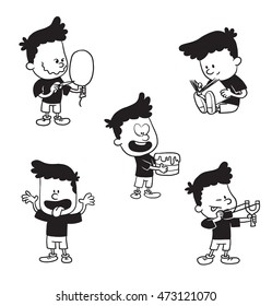 Vector cartoon set of cute little boys: sighting to shoot from a slingshot, showing tongue, reading book, with balloon and needle, with cake in hands on a white background. Made in a monochrome style.