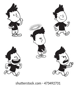 Vector cartoon set of cute little boys: running and laughing, walking, running angry, standing thoughtful and with a halo over his head on a white background. Made in a monochrome style.