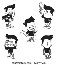 Vector cartoon set of cute little boys: in a cloak, holds hands around his eyes like binoculars, guilty, with wooden sword, proving his innocence on a white background. Made in monochrome style.