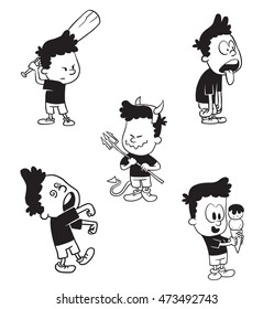 Vector cartoon set of cute little boys: with an ice cream, with a trident, with tongue sticking out, with a baseball bat and walking like a zombie on a white background. Made in a monochrome style.