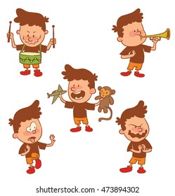 Vector cartoon set of cute little boys: with a drum, a horn and toys in hands and with an ominous expression and with disgust on faces standing on a white background. Color image with a brown tracings