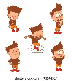 Vector cartoon set of cute little boys: jumping on a puddle, with astonished, frightened, satisfied and with a guilty expression on faces on a white background. Color image with a brown tracings.