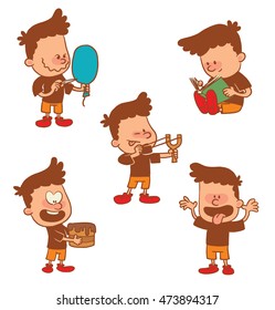 Vector cartoon set of cute little boys: sighting to shoot from a slingshot, showing tongue, reading book, with a balloon, with a cake in hands on a white background. Color image with a brown tracings. svg