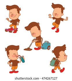 Vector cartoon set of cute little boys: drinking from a cup, balancing on one leg, with a skateboard, with a vacuum cleaner, with a schoolbag on a white background. Color image with a brown tracings.