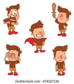 Vector cartoon set of cute little boys: in a cloak, holds hands around his eyes like binoculars, guilty, with wooden sword, proving his innocence on white background. Color image with a brown tracings