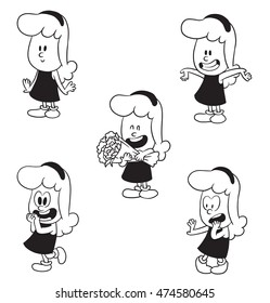 Vector cartoon set of cute little girls: smiling, rejoicing, with arms outstretched, with a bouquet of flowers and with a frightened expression on face on white background. Made in a monochrome style.