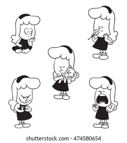 Vector cartoon set of cute little girls: with a teddy bear in hands, screaming, with an ominous expression on face, sitting and smelling a flower on a white background. Made in a monochrome style.