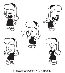 Vector cartoon set of cute little girls: admiring at something, dancing and smiling, screaming on someone, blowing bubbles and pointing finger up on a white background. Made in a monochrome style.