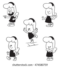 Vector cartoon set of cute little girls: jumping on one leg, walking and smiling, standing angry, coquetting and showing on something with her finger on a white background. Made in a monochrome style.