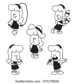 Vector cartoon set of cute little girls: singing into a microphone, with a hat, with maracas, jumping with a skipping rope and drinking from a cup on a white background. Made in a monochrome style.