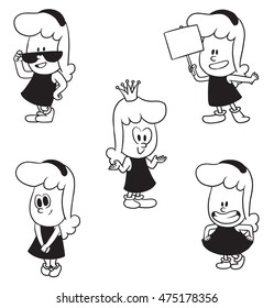 Vector cartoon set of cute little girls: with banner in her hand, standing shyly, making a curtsy, standing in sunglasses and with a crown on her head on a white background. Made in a monochrome style