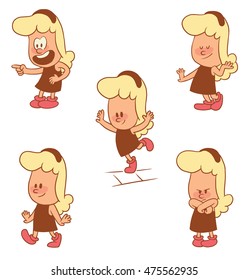 Vector cartoon set of cute little girls: jumping on one leg, walking and smiling, standing angry, coquetting and showing on something with finger on a white background. Color image with brown tracings