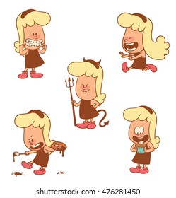 Vector cartoon set of cute little girls: with a cupcake, with braces on teeth, with a trident, with a palette and a brush and running happily on a white background. Color image with brown tracings.