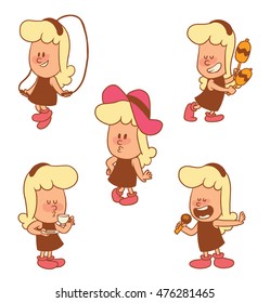 Vector cartoon set of cute little girls: singing into a microphone, with a hat, with maracas, jumping with a skipping rope and drinking from a cup on white background. Color image with brown tracings.