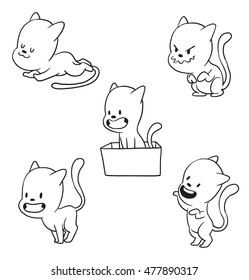 Vector cartoon set of cute little cats: sleeping, plotting something tricky, sitting in the box, standing and smiling and standing on his hind legs on a white background. Made in monochrome style.