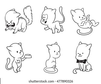 Vector cartoon set of cute little cats: standing angry, walking, lying on his back, begging for food with a bowl, sitting and with a bow tie around neck on a white background. Made in monochrome style