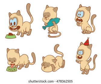 Vector cartoon set of cute little cats: in a festive cap, with a bowl of food, with a fish, begging for food, drinking milk and afraid of something on white background. Color image with brown tracings