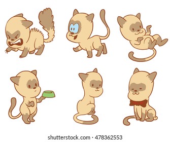 Vector cartoon set of cute little cats: angry, walking, lying on his back, begging for food with a bowl, sitting and with a bow tie around neck on a white background. Color image with a brown tracings