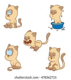 Vector cartoon set of cute little cats: dreaming, sitting in a basin with water, running at full speed, sitting thoughtful, sitting after eating on white background. Color image with a brown tracings.