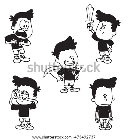 Vector cartoon set of cute little boys: in a cloak, holds hands around his eyes like binoculars, guilty, with wooden sword, proving his innocence on a white background. Made in monochrome style.