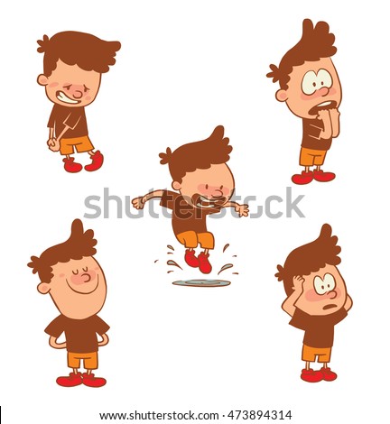 Vector cartoon set of cute little boys: jumping on a puddle, with astonished, frightened, satisfied and with a guilty expression on faces on a white background. Color image with a brown tracings.