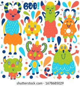 Vector cartoon set of cute Monsters. Design for cards, clothes and other