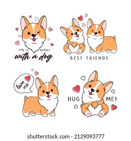 Viñeta vectorial de perros y corazones adorables de corgi galés Pembroke. Ilustraciones coloridas aisladas en fondo blanco