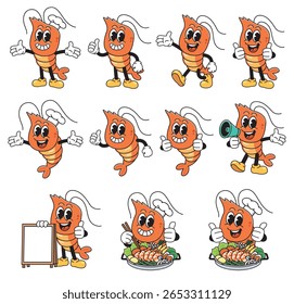 Um desenho animado vetorial de um mascote de camarão bonito em várias poses expressivas: sorrindo, dando polegares para cima, segurando megafone, apontando, segurando signo em branco, e desfrutando de um prato de frutos do mar.