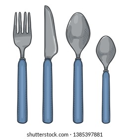 Vector Cartoon Set of Cutlery with Blue Plastic Handles. Knife, Fork, Spoon, Tea-spoon