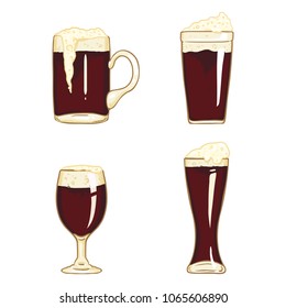Vector Cartoon Set of Dark Beer Glasses. Bar Menu Illustration.