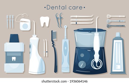 Vector cartoon set of dental tools for oral and dental care: toothbrush, toothpaste, dental floss, mouthwash, irrigator, irrigator nozzles, white background. Dental concept.