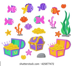 Vector cartoon set of design elements undersea world, aquarium.