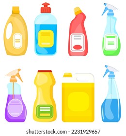 Juego de dibujos animados vectores de detergentes para lavar y limpiar. El concepto de limpieza y orden