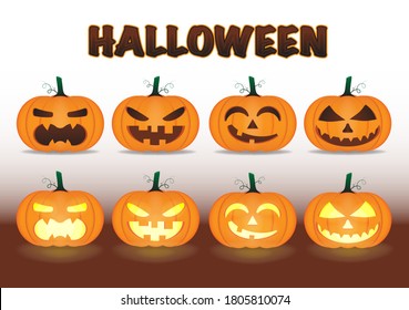 Vector Cartoon Set is different character face of pumpkin Halloween. Light glowing jack-o-lantern clip art with shadow for seasonal holiday. Spooky emotion smile illustration of decor on October event