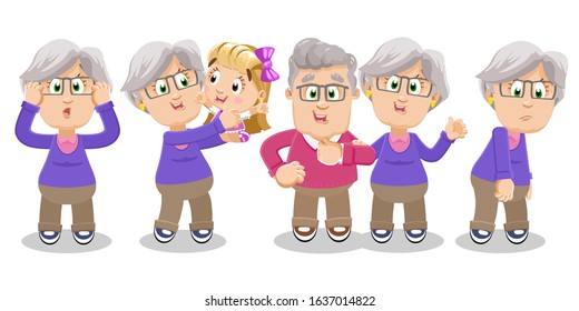 Vector cartoon set with different emotions and gestures of silver haired aged woman. Old lady is upset, shocked, holding her head, playing with granddaughter, standing with husband, waving hand.