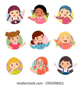 Vector cartoon set of different girl kids with various postures.