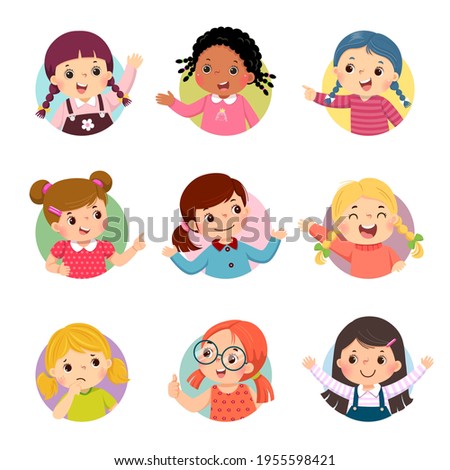 Vector cartoon set of different girl kids with various postures.
