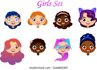 Vector cartoon set of different girls with different accessories 