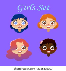 Vector cartoon set of different girls with different accessories 