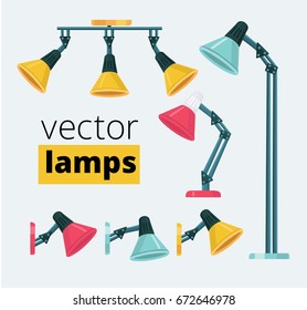 Vector cartoon set of different kind and colors flexible lamps. Illustrations of ceiling luminaries floor and table lamps.