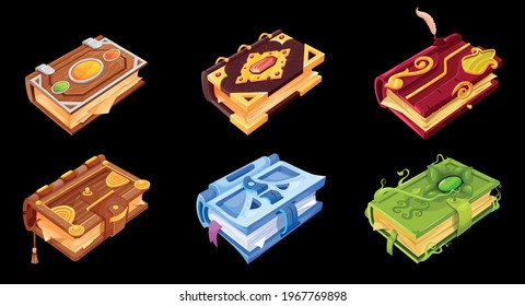 Vector cartoon set of different magic books, game icons, objects isolated on black background