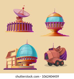 Vector cartoon set with different objects for space exploration, colonization and terraforming planet, research station, drilling rig, observatory, satellite dish. Futuristic concept illustration