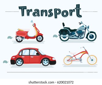 Conjunto de dibujos animados de diferentes vehículos de transporte. Bicicletas, ciclomotores, automóviles, motos, motocicletas